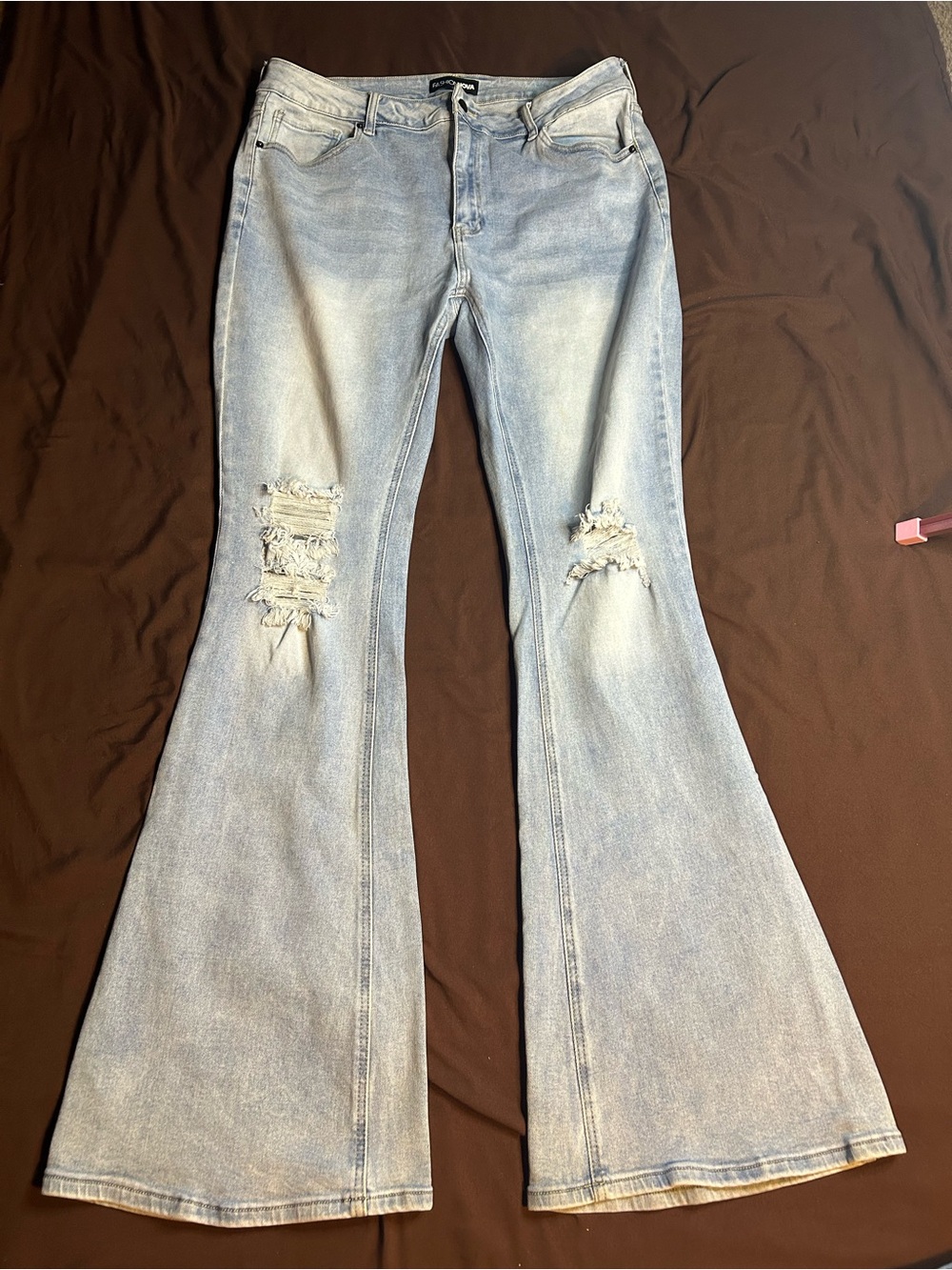 Tall Girl Friendly-Light Blue Distressed Flared Women's Jeans-